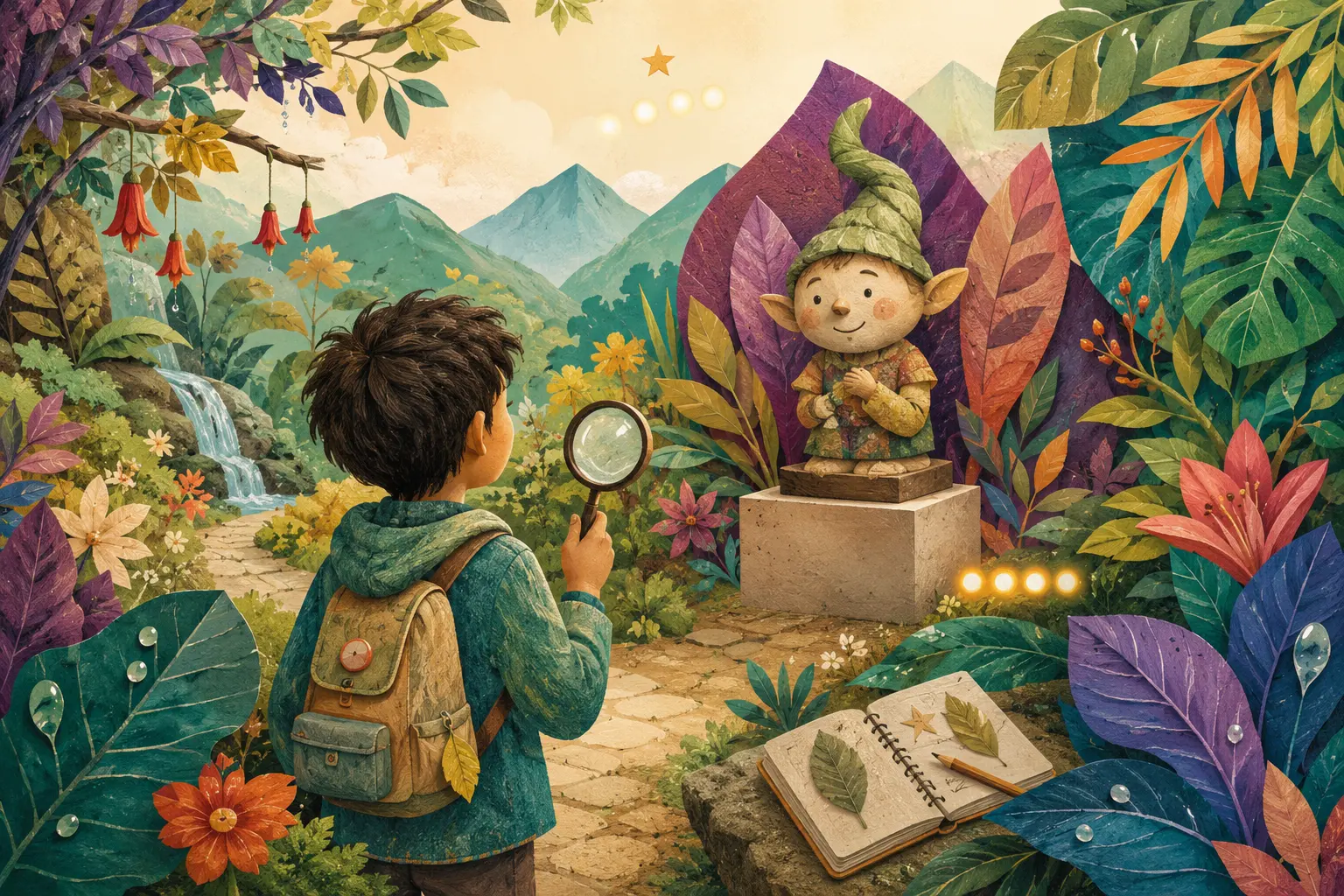 Pequeño explorador observando una escultura artesanal dentro de un jardín